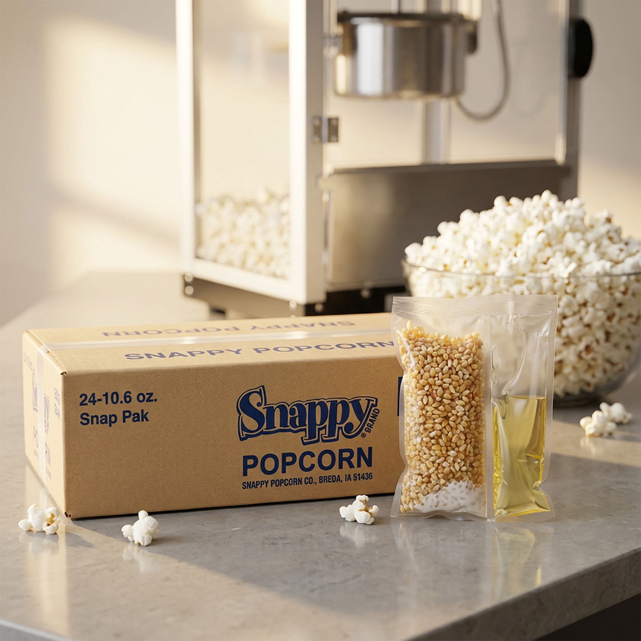 Snappy Snap-Paks All in One White Popcorn Portion Packets for 8 oz Popping Machine, Kernels, Oil, and Salt, 24 Count