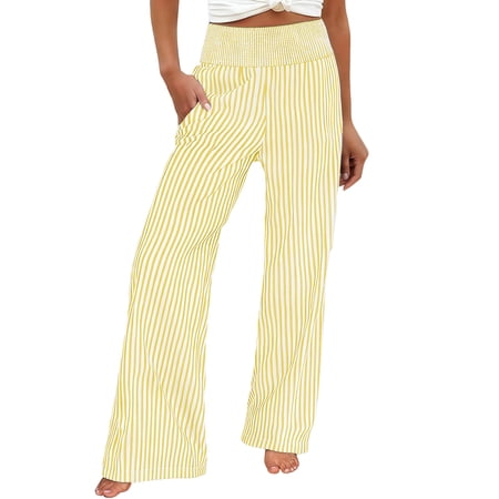 PWPSG Women s 100% Cotton Pajama Pants Striped Gingham High Waisted Wide Leg Lounge Casual Comfy PJ Bottoms with Pockets Yellow XL