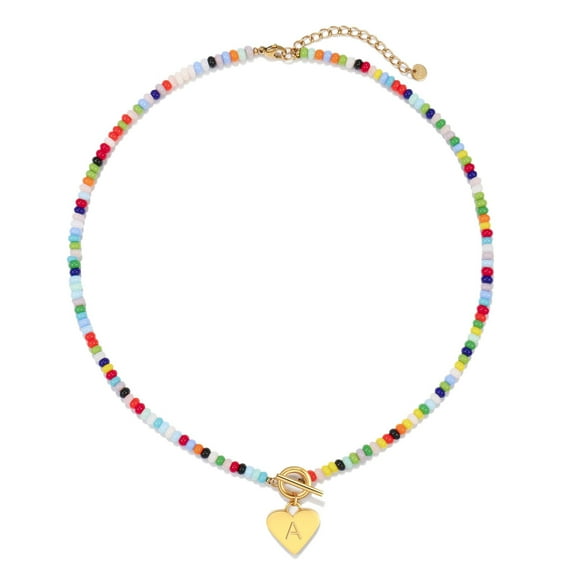 Initials A-Z Colourful Beaded Gemstone Women's Necklace 14K Gold Plated Waterproof Heart Bohemian Necklace