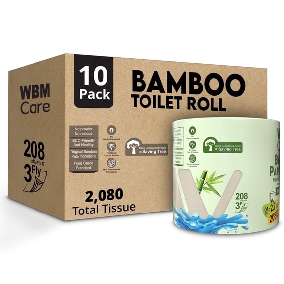 WBM Care Natural Bamboo Toilet Paper, 3-Ply, Unbleached, Tree-Free, 208 Sheets per Roll, 10 Rolls, Soft and Gentle Bath Tissue, Chemical-Free