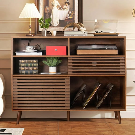 Large Record Player Stand, Mid-Century Turntable Stand with Doors and Charging Station Record Player Table Holds Up to 450 Albums Vinyl Storage Display Shelf for Living Room, Walnut