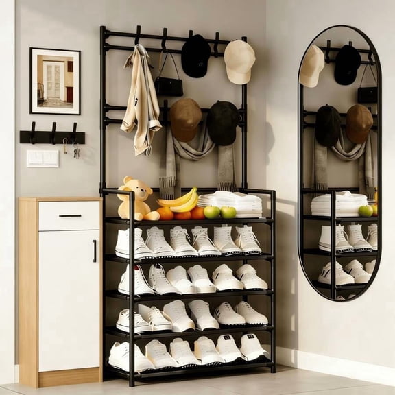 23-Inch Black Metal Entryway Storage Rack, 3-in-1 Hall Tree with Shoe Storage, 4-Tier Shelves and 8 Hooks, Freestanding Coat and Shoe Organizer for Entryway Bedroom Hallway
