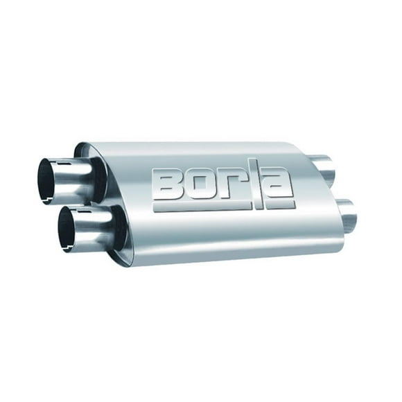 Borla Exhaust Muffler 400286 Pro XS Series; T-304 Stainless Steel; 9-1/2 Inch Width X 4 Inch Height Case; Dual 2-1/2 Inch Inlet; Dual 2-1/2 Inch Outlet; 19 Inch Body/24 Overall Length