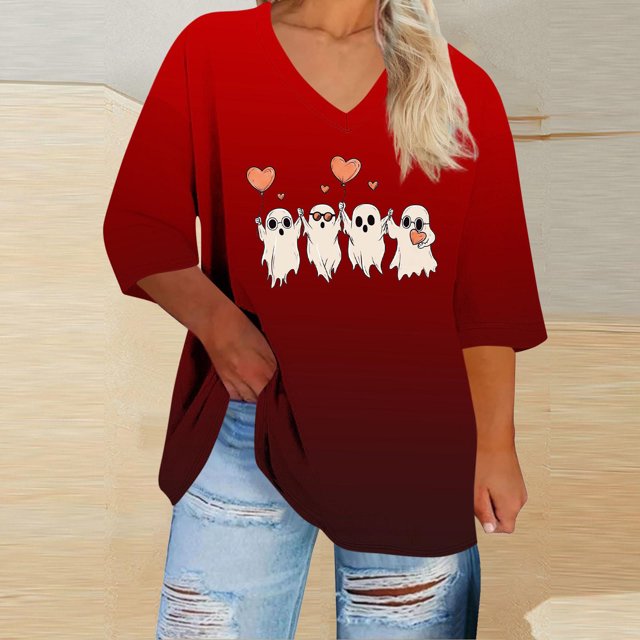 Heisall Womens T-shirts Halloween Print V-Neck 3/4 Sleeve Loose Plus Size Casual Fashion Daily Wear Tops