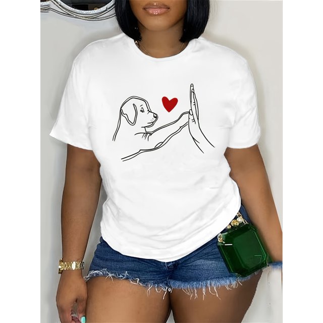 Dog Print T-Shirt, Casual Short Sleeve Top For Spring & Summer, Women's Clothing