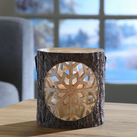 2 Palm Tree Candle Holders - Mainstays Resin Snowflake Pillar Candle Holder with Glass, Faux Tree Bark Finish
