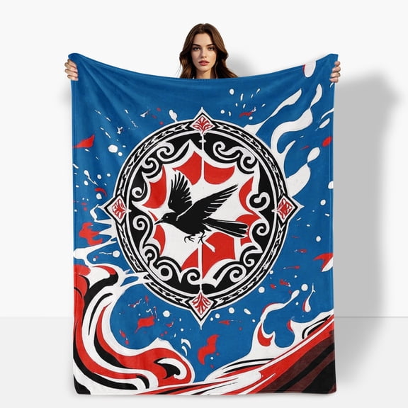 Raven Emblem Blue Red Design Flannel Blanket Soft Warm Comfortable For Sofa Bed Travel Camping Living Room Office Chair Polyester Fiber Gift For Family Or Friends
