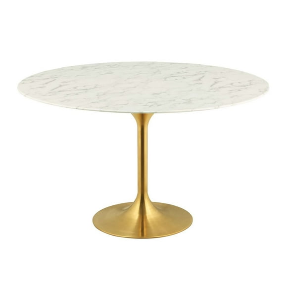 54 Inch Dining Table, White Gold, Artificial Marble, Metal Steel, Round, Mid Century Kitchen Cafe Bistro Hospitality Restaurant, Modern Contemporary HB33214