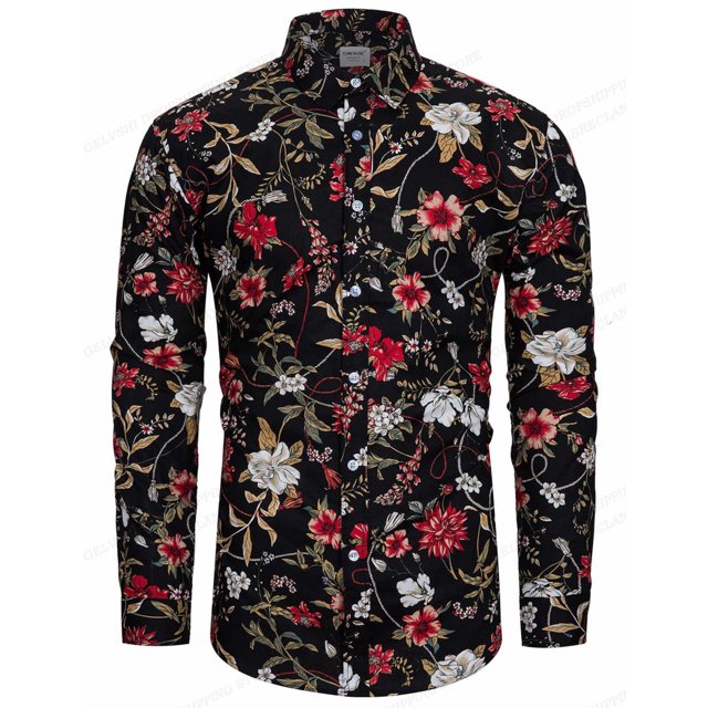 Camisa hawaiana de manga larga, camisa floral, camisas de moda para hombres, blusa de playa, blusas de flores, ropa para hombres, camisas con cuello vuelto