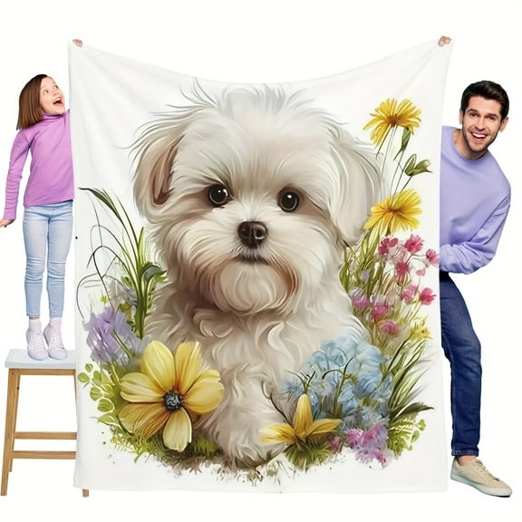 Adorable White Puppy & Floral Print Flannel Blanket Soft Warm Cozy All-Season Throw for Sofa Bed Car Camping Office Home Decor