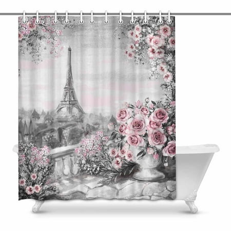 Pop Paris City Landscape Eiffel Tower And Roses Art Decor Bathroom Shower Curtain 60x72 Inch