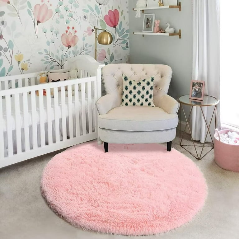 Pink Round Rug for Girls Bedroom,Fluffy Circle Rug for Kids Room