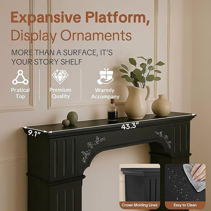 HOMEDIARY Modern Black Freestanding Fireplace Mantel Surround – Waterproof, Anti-Tipping Premium MDF Mantel with Leg for Living Room Décor