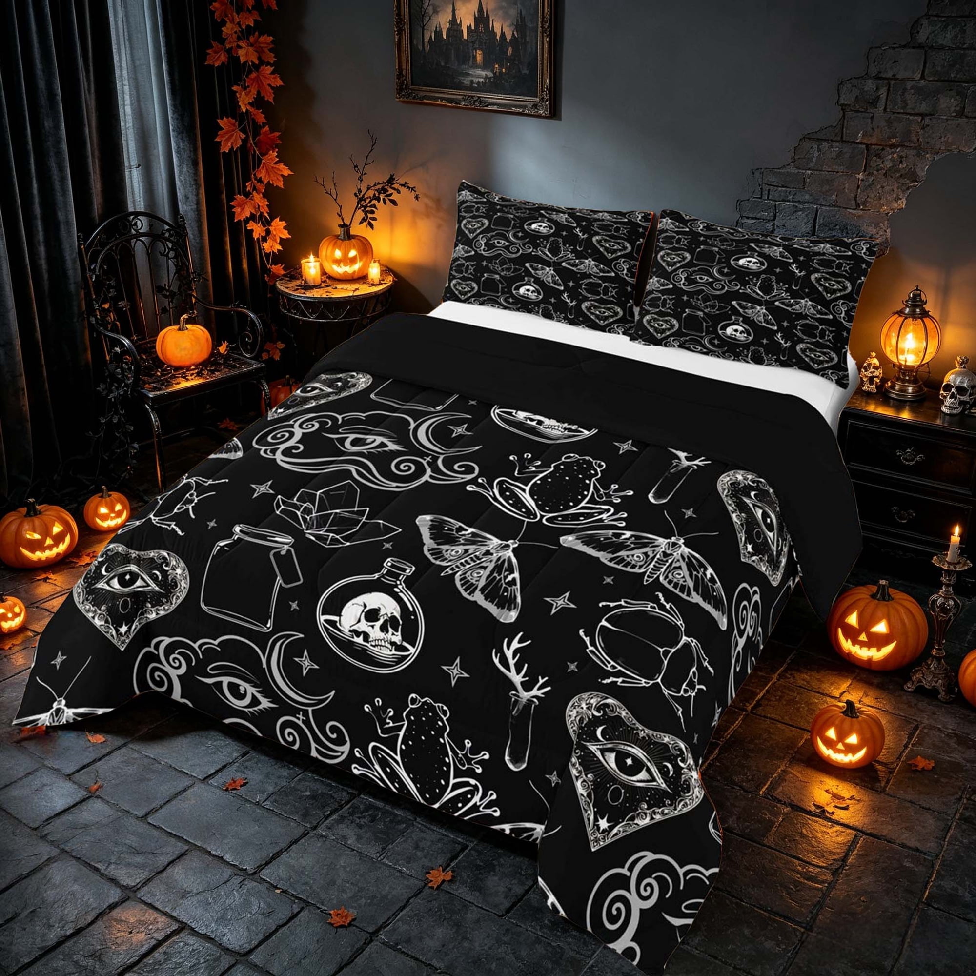 Homewish Halloween Mystic Moth Queen Comforter Set Hippie Crystal Eye Comforter Sets Queen Black Gray White Black Reversible 3pcs 1 Comforter and 2 Pillowcases