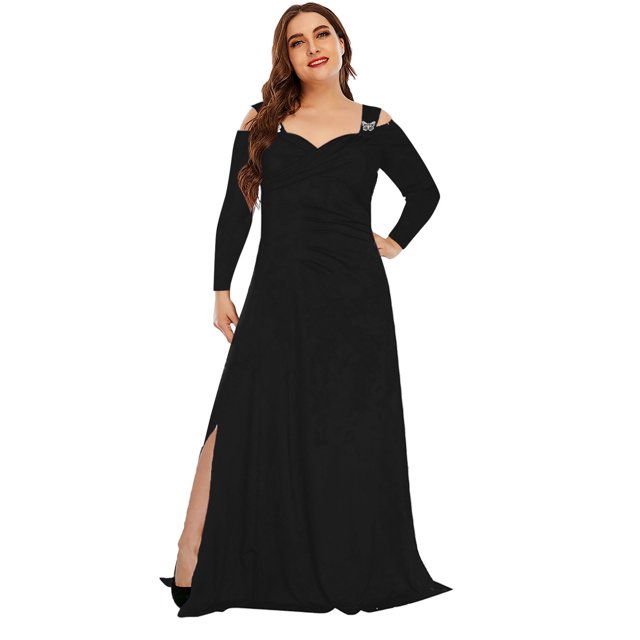 Vestido largo con abertura en el pliegue y manga larga con cuello en V y hombros descubiertos sexy de talla grande para mujer Fridja NMB4545