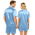 thumbnail image 4 of Garbnen Silk Couples Pajamas Matching Sets 2 Piece Short Sleeve Button Down Sleepwear Pjs Shorts Set Comfy Mens Loungewear Set Blue L, 4 of 8