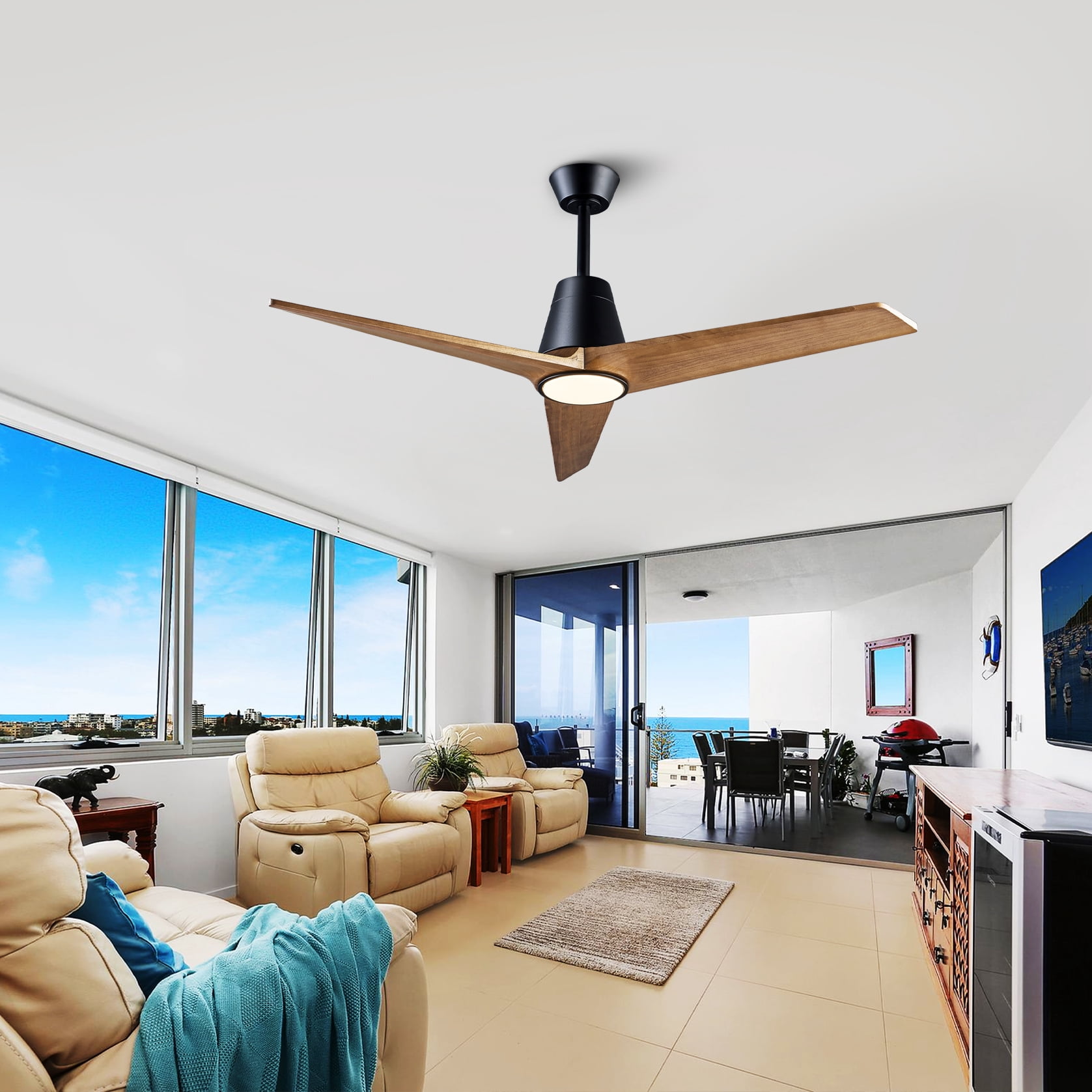 Mintazer 52 in Ceiling Fan with Lights and Remote, Modern Ceiling Fan with 6 Speed & 3 Blade for Indoor Outdoor Bedroom Living Room, Walnut