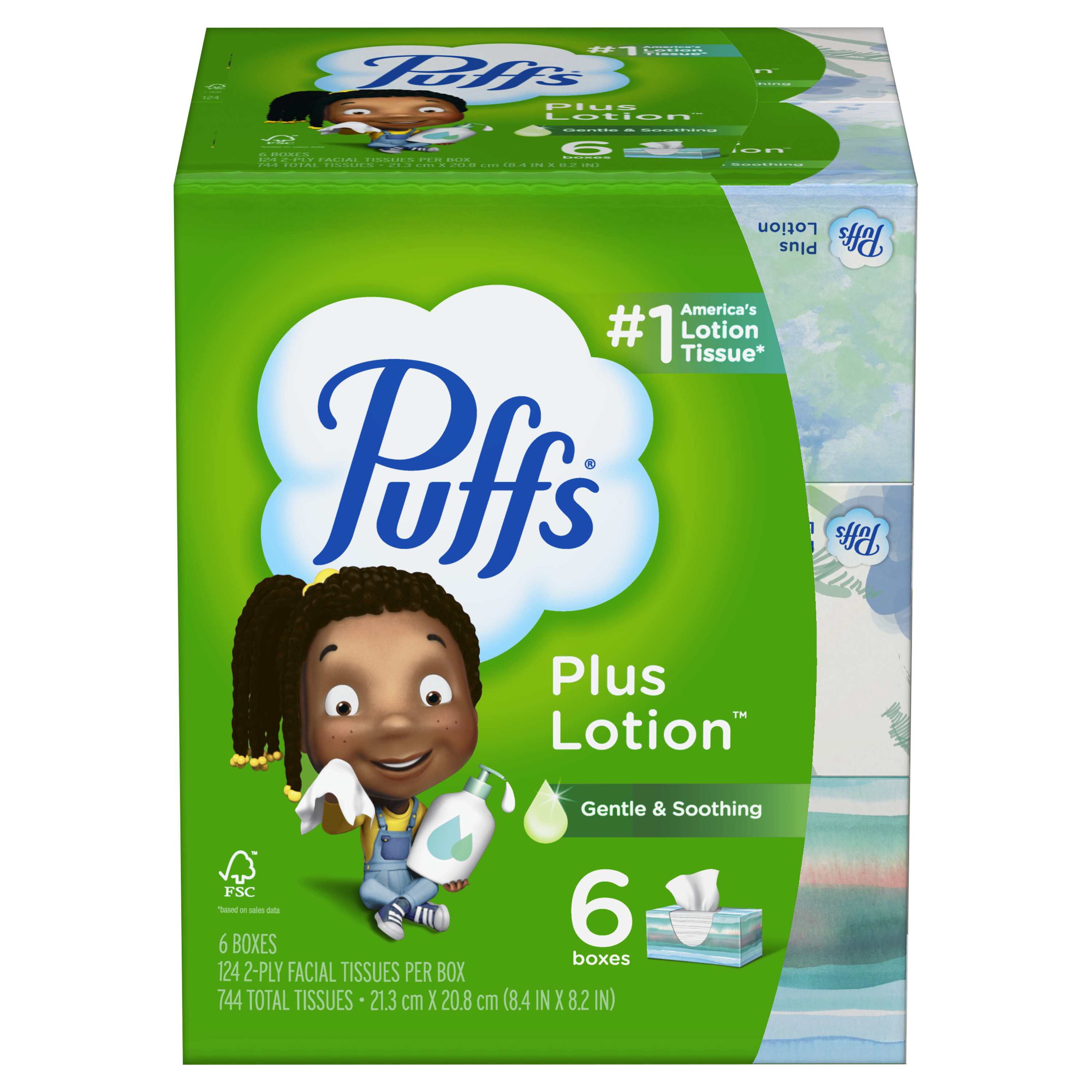 Puffs Plus Lotion Facial Tissue, 6 Family Size Boxes, 124 Tissues per Box, Green - image 2 of 13
