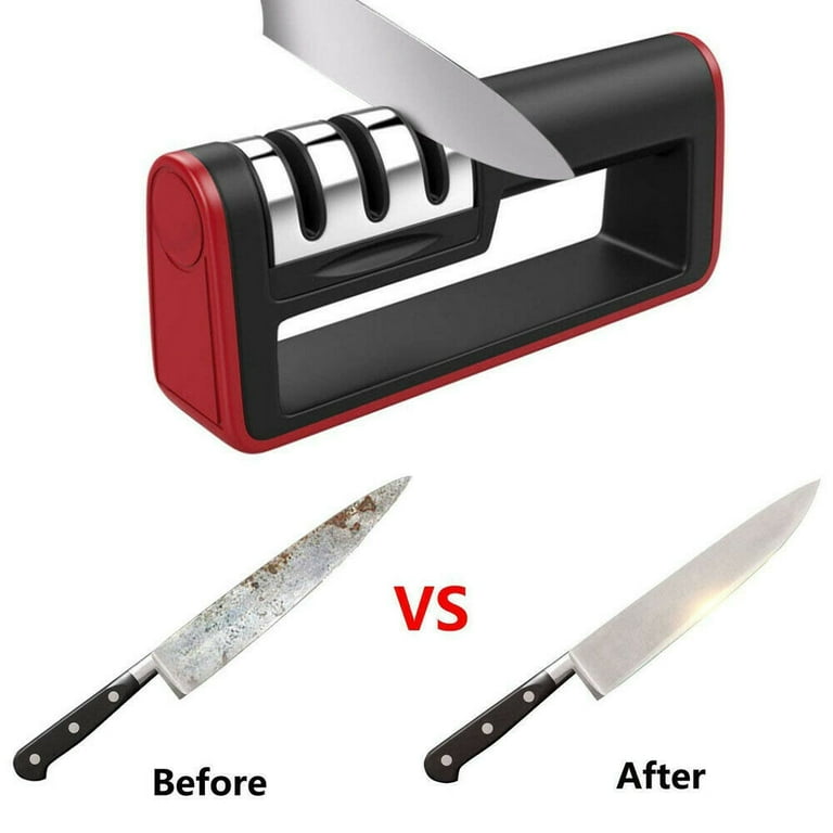 Knife Sharpener, New Kitchen Knife Sharpener, 3-Stage Knife Sharpening System, Non-Slip Base Kitchen Knife Sharpener, Easy to Use, Red, I3610