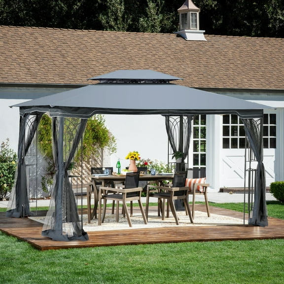 Newboti Furniture 13x10 Outdoor Patio Gazebo Canopy Tent With Ventilated Double Roof And Mosquito net(Detachable Mesh Screen On All Sides),Suitable for Lawn, Garden, Backyard and Deck,Gray Top 51483