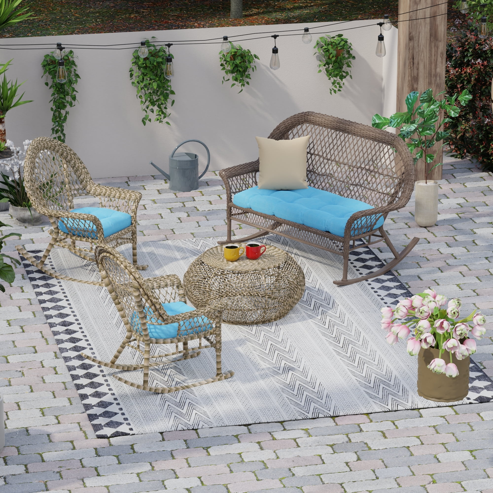 Jordan Manufacturing 3-Piece Celosia Ice Blue Crosshatch Tufted Outdoor Cushion Set with 1 Wicker Bench Cushion and 2 Wicker Seat Cushions