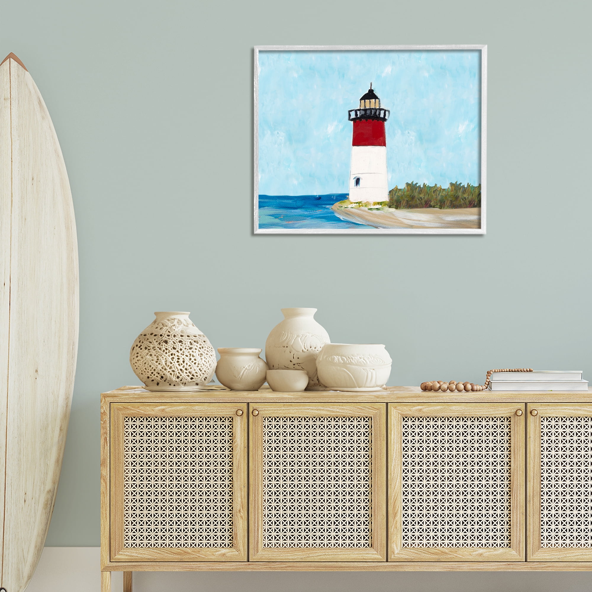 Stupell Industries Coastal Lighthouse on Blue Coastal Painting White Framed Art Print Wall Art, 30 x 24