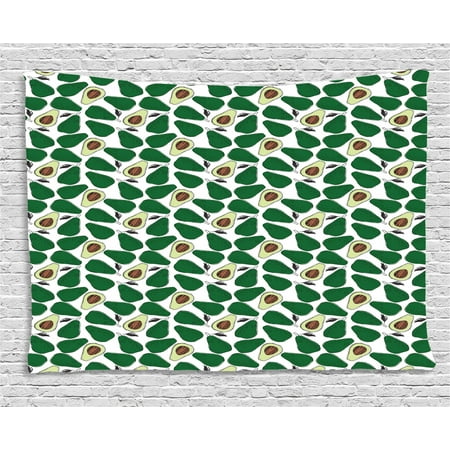 Avocado Tapestry, Pattern with Doodle Avocado Slices Cut in Half Seed and Leaves Print, Wall Hanging for Bedroom Living Room Dorm Decor, 60W X 40L Inches, Emerald Pale Green Brown, by (Best Way To Cut An Avocado)
