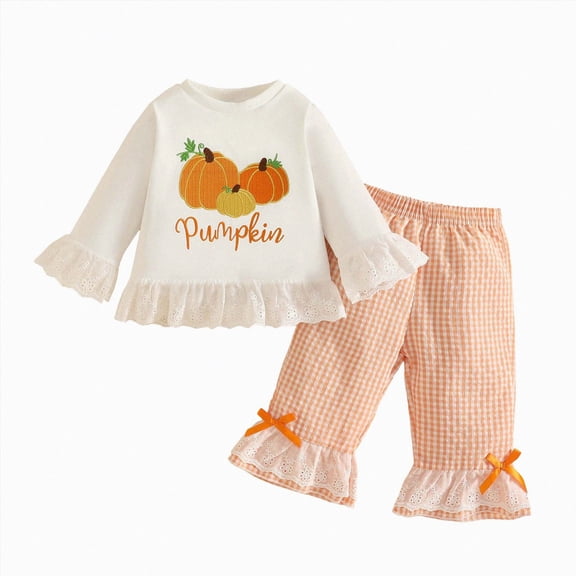 yboeqw Toddler Girls Two Piece Outfits Halloween Pumpkin Print Long Sleeve Ruffle T-Shirt Flare Pant Fall Outdoor Clothes,Size 2-3 Years
