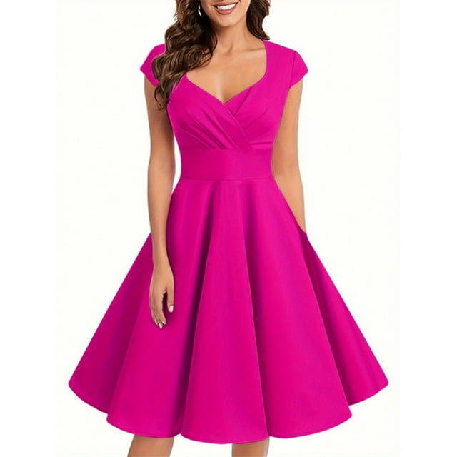 Vestido elegante de mujer con cuello en V y corte en A - Manga corta, cintura entallada, color liso, versátil para informal/trabajo - Mezcla de poliéster