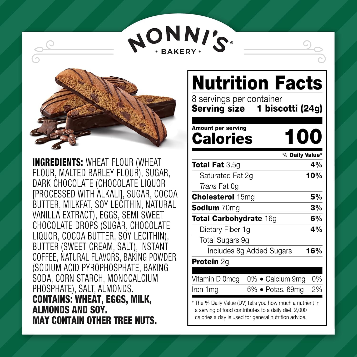 Nonni's Espresso Chocolate Chip Biscotti Cookies - 6 Boxes Espresso Coffee Cookies - Espresso Chocolate Chip Cookies w/Dark Chocolate - Italian Biscotti Individually Wrapped Cookies - 6.88 oz