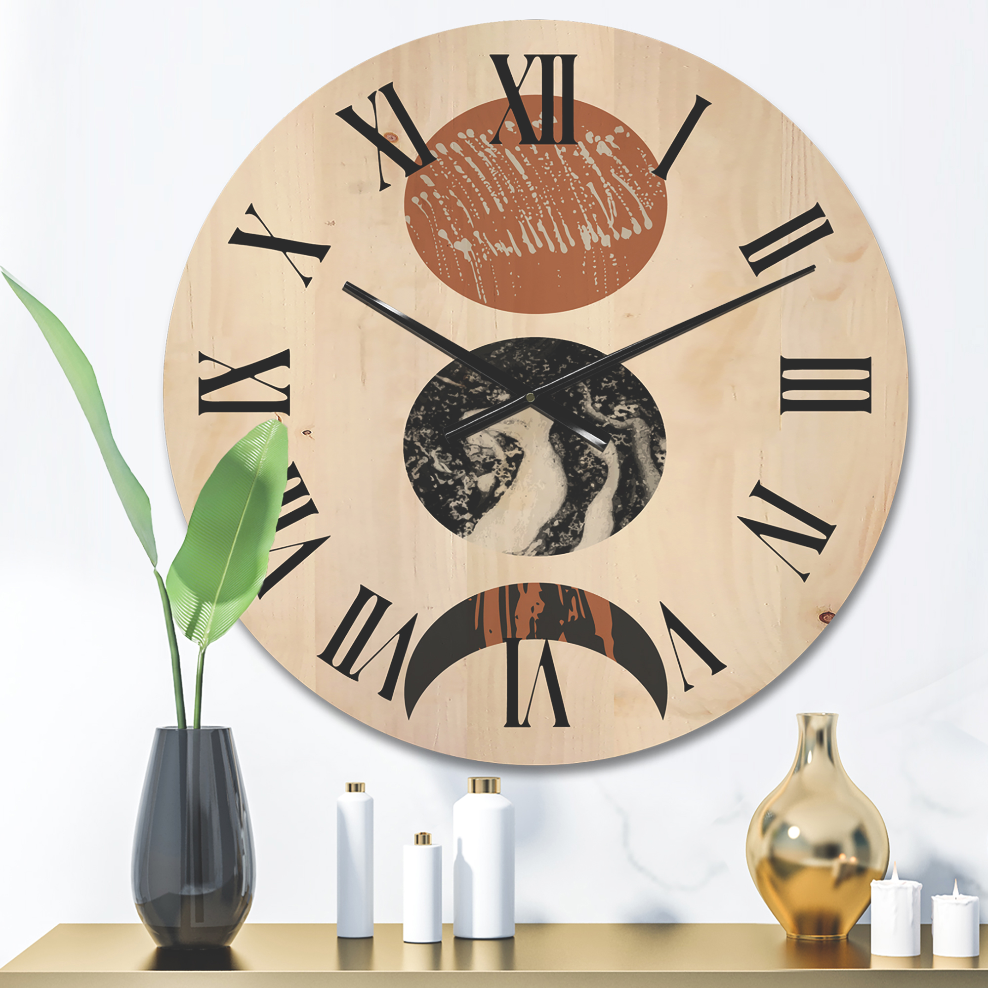 Designart 'Retro Shapes Abstract Moons and Suns' Modern Wood Wall Clock