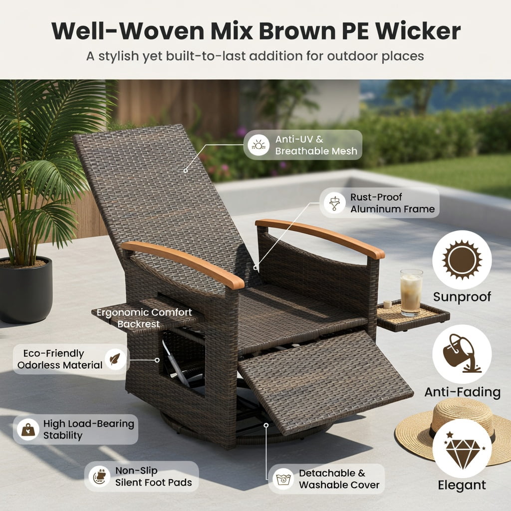 Hommoo 360° Swivel Outdoor Recliner Chair with Adjustable Backrest & Footrest, PE Rattan Patio Seating for Backyard, Porch, Poolside, Black