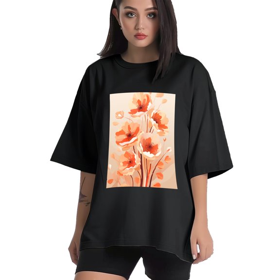 Plus Size Shirt for Women Black Tops for Women Short Sleeves Shirt for Women Flowers 07 T Shirt Crewneck Shirt for Women XS