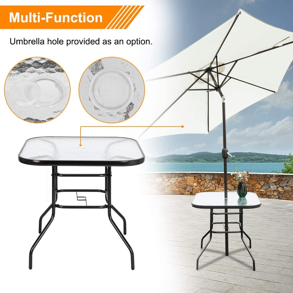 Outdoor Dining Table Outside Banquet Furniture for Garden Pool Side Deck Lawn 32 Square Patio Bistro Tempered Glass Table Top with Umbrella Hole Square 