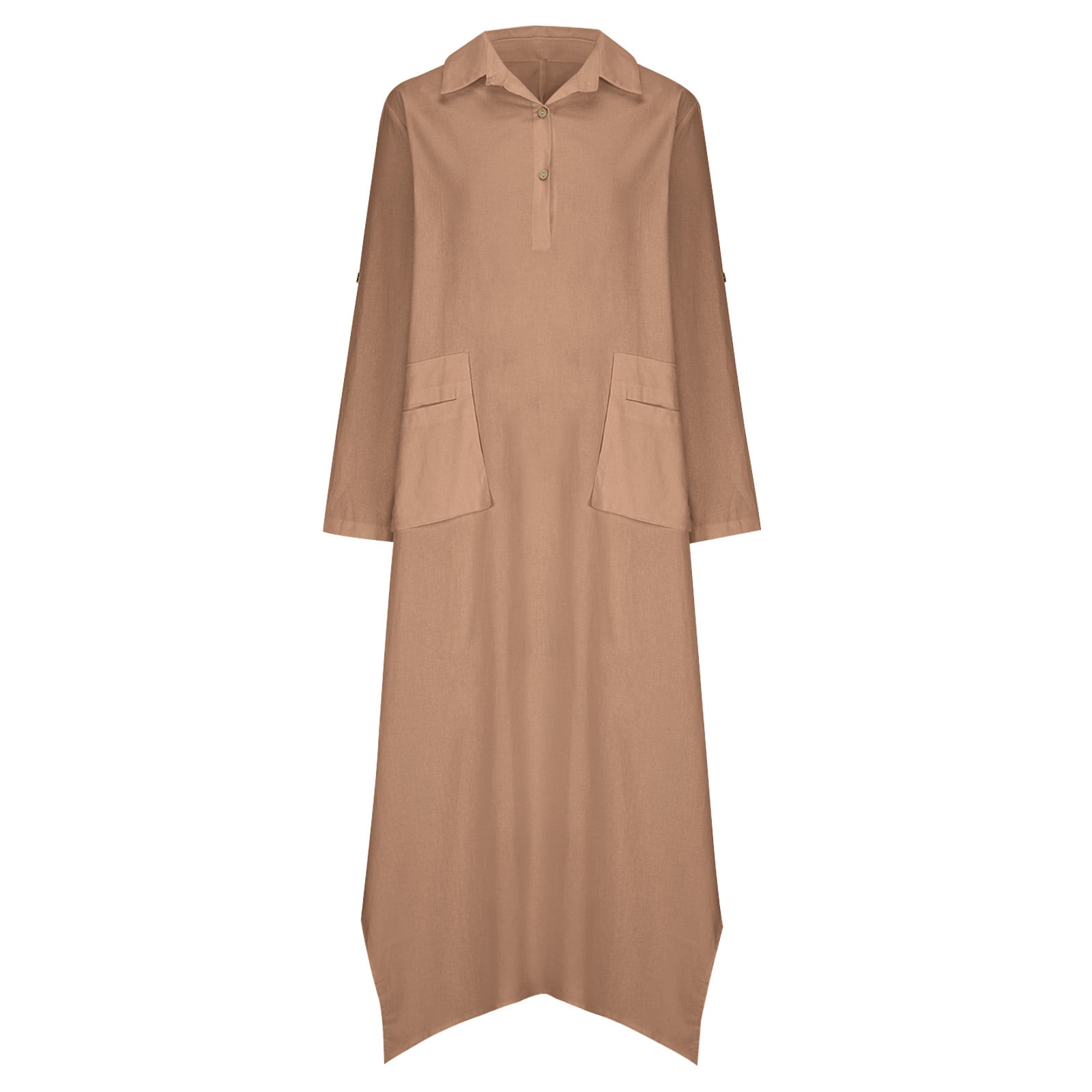 cfhntfmh Cotton Linen Dresses for Women Fall Casual Long Sleeve V Neck Button up Loose Flowy Maxi Dresses with Pockets