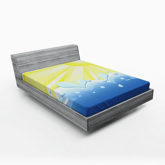 Ambesonne Summer Fitted Sheet, Vector Sun Wavy Sea, Queen Size, Yellow and Blue