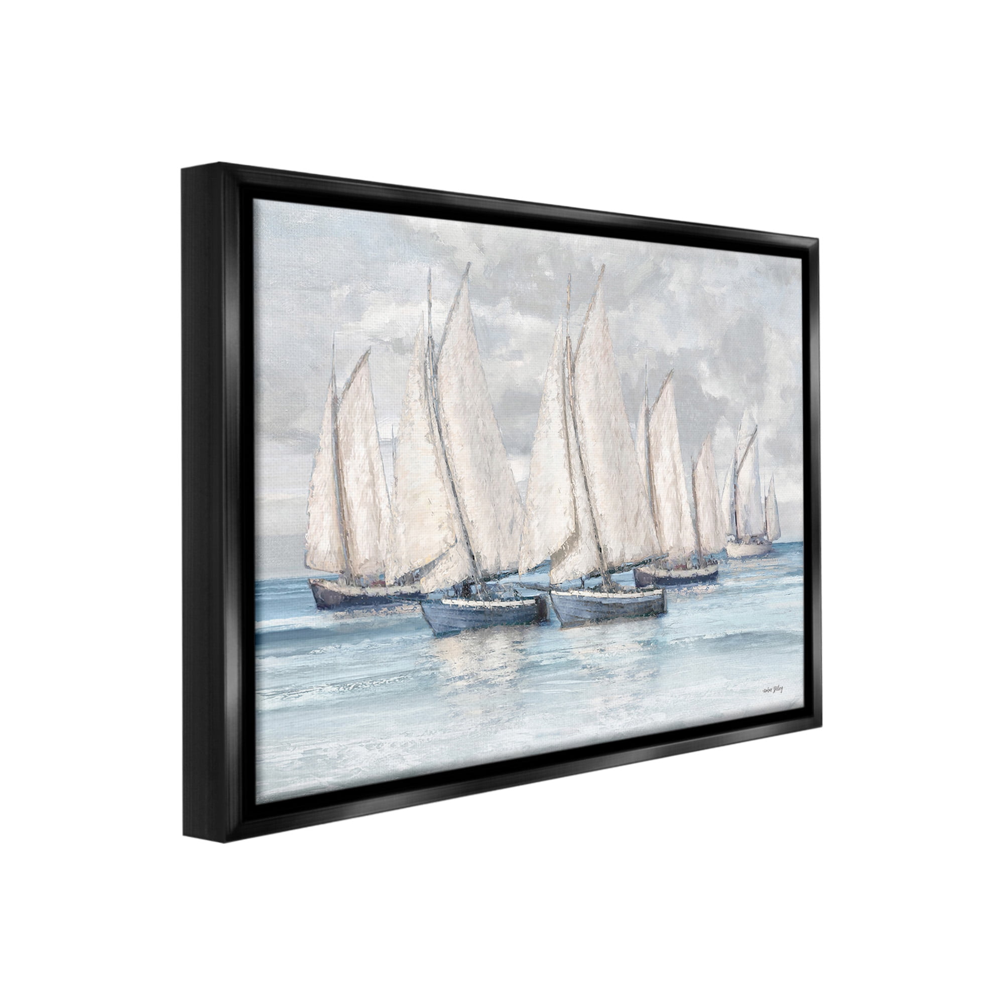 Stupell Industries Cloudy Sailboat Fleet Transportation Painting Black Floater Framed Canvas Art Print Wall Art, 21 x 17