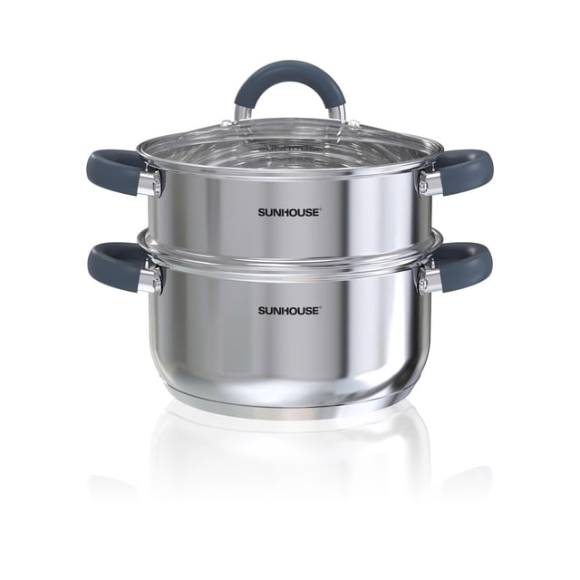 Sunhouse Olla Vaporera De 3 Cuartos Con Tapa Olla Vaporera Multiusos De Acero Inoxidable De 2 Niveles Con Asas Que Se Mantienen Frías Fondo De Tres Capas Compatible Con Todas Las Estufas Y Perfecta Pa