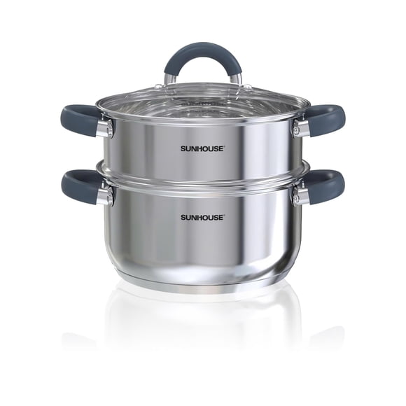 Sunhouse Olla Vaporera De 3 Cuartos Con Tapa Olla Vaporera Multiusos De Acero Inoxidable De 2 Niveles Con Asas Que Se Mantienen Frías Fondo De Tres Capas Compatible Con Todas Las Estufas Y Perfecta Pa