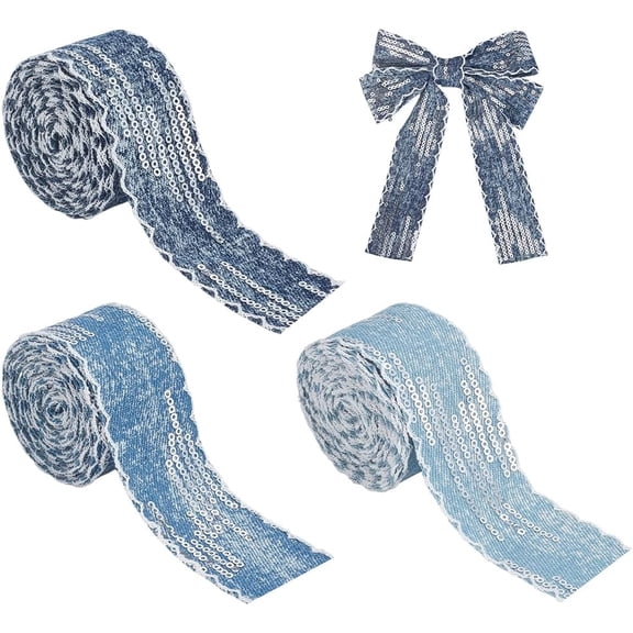 9 Yards Blue Denim Ribbon 3 Rolls Polyester Ribbons with Sequins 1.57" Wide Rustic Fabric Ribbon
