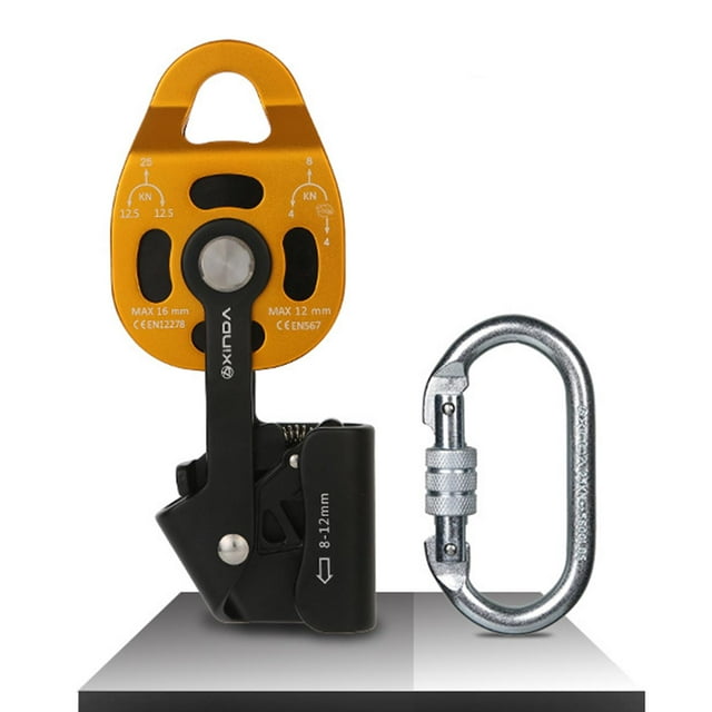 Polea de transporte de Aluminio 25KN perfecl adaptaciónción al equipo de protección del ascendedor de aparejo de árbol de escalada de 8 mm a 12 mm Dorado Negro