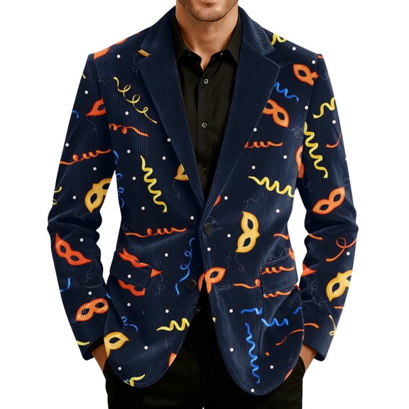 Mardi Gras Men's Blazer Corduroy Mask Print Carnival Party Jacket Two Button Slim Fit Business Office Suit Jacket with Pockets Plus Size Outerwear