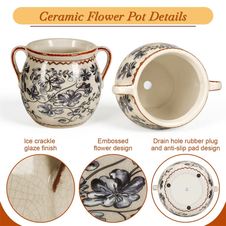 Buymax Slate Gray Retro Ceramic Planter with Handles photo 2