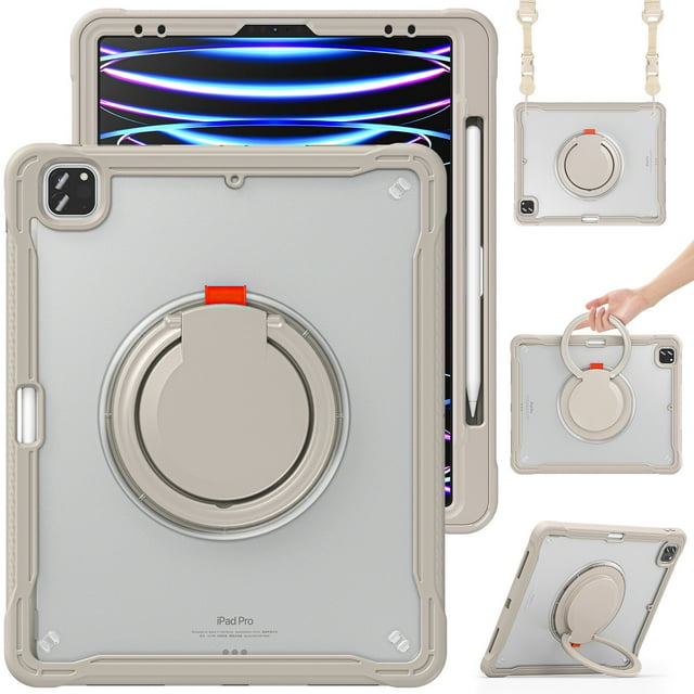 XYX pour iPad Pro 12,9 Pouces Étui 6e/5e/4e/3e Génération, Poignée Rotative à 360°, Sangle d'Épaule, Protection Robuste contre les Chutes, Kaki