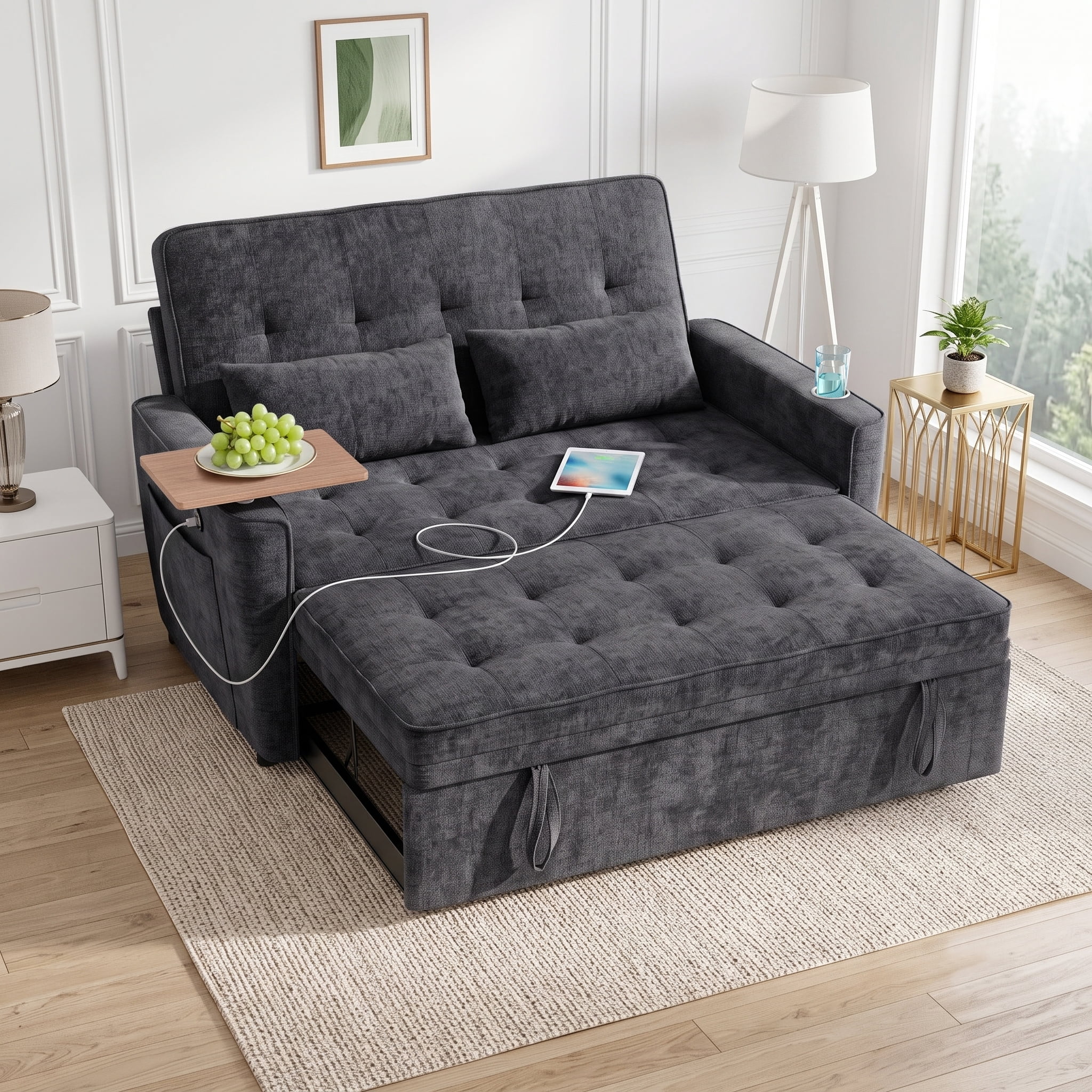AISWORD 54" Convertible Pull Out Sleeper Sofa Bed, Chenille Loveseat Couch with USB Port, Side Tray Table, Cup Holder, Storage Pockets & Adjustable Backrest for Small Spaces, Dark Gray