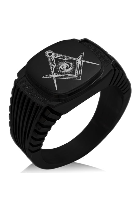 Stainless Steel Freemasons Masonic Sacred Society CZ Ribbed Needle Stripe Pattern Biker Style Polished Ring