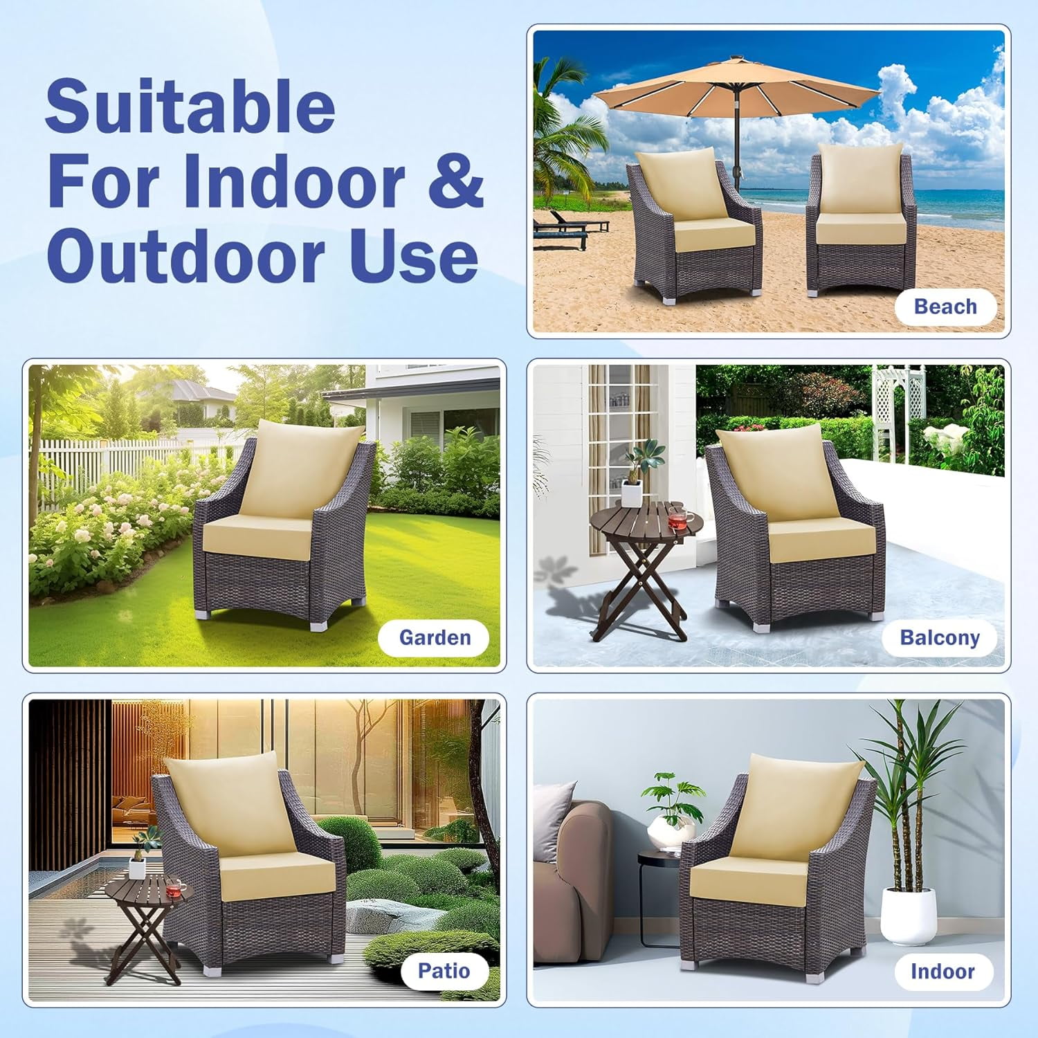 Outdoor Seat Cushion Set, Waterproof & Fade Resistant Patio Chair Cushions, Outdoors Cushion for Patio Furniture, 24 x 24 x 5.75 Inch, Outdoor Couch Cushions with Handle and Ties, Light Khaki