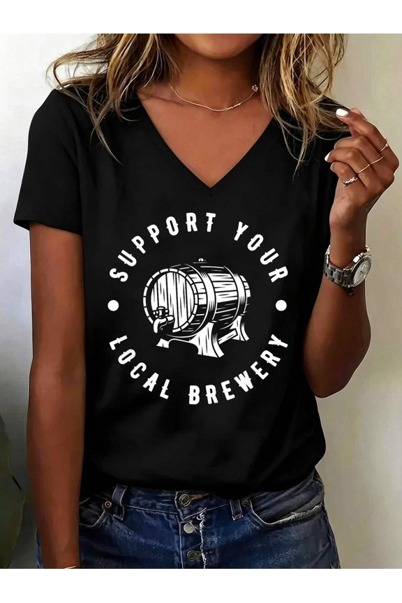 Support Your Local Brewery Craft Beer V Neck T-Shirt Cotton Women's V Neck Graphic Tee, Casual Short Sleeve Shirt,Vacation Outfit