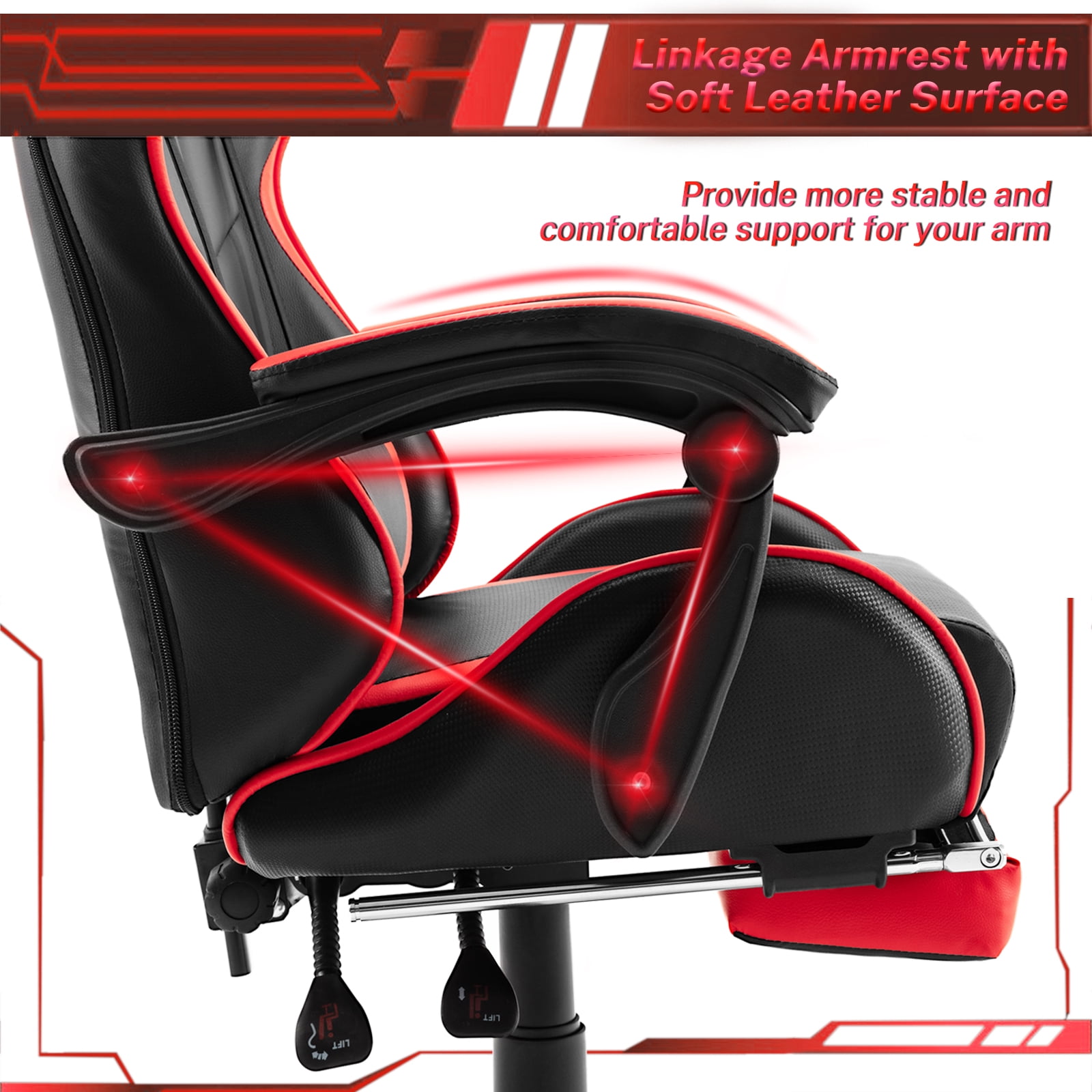 Luxvie Gaming Chair High Back Office Chair with Footrest, Headrest, Massage Lumbar Support Swivel Ergonomic Gamer Chair for Adults, Red