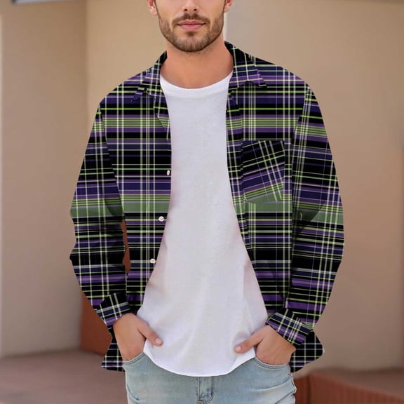 YFNNUP Mens Flannel Shirts Long Sleeve Plaid Shirt Jacket Casual Button Down Shirt with Pockets Purple S